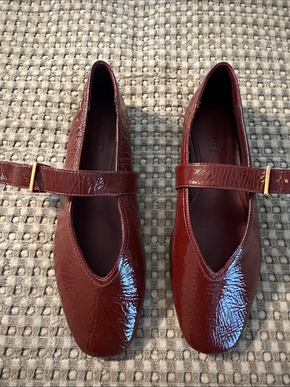 SCHUTZ Burgundy Leather Mary Jane Flats with Gold Buckle - Picture 5 of 9